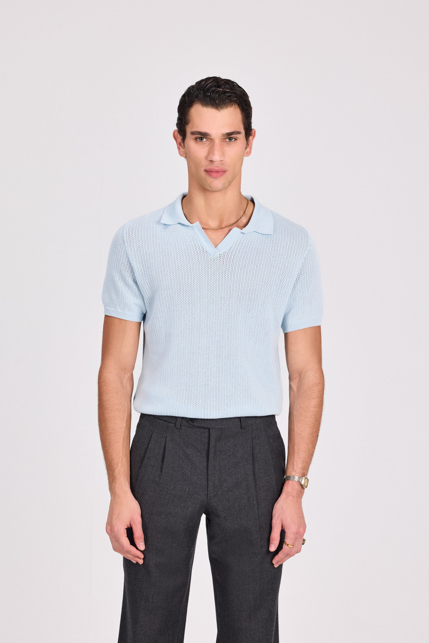Baby Blue Cotton Blend Knitted Polo