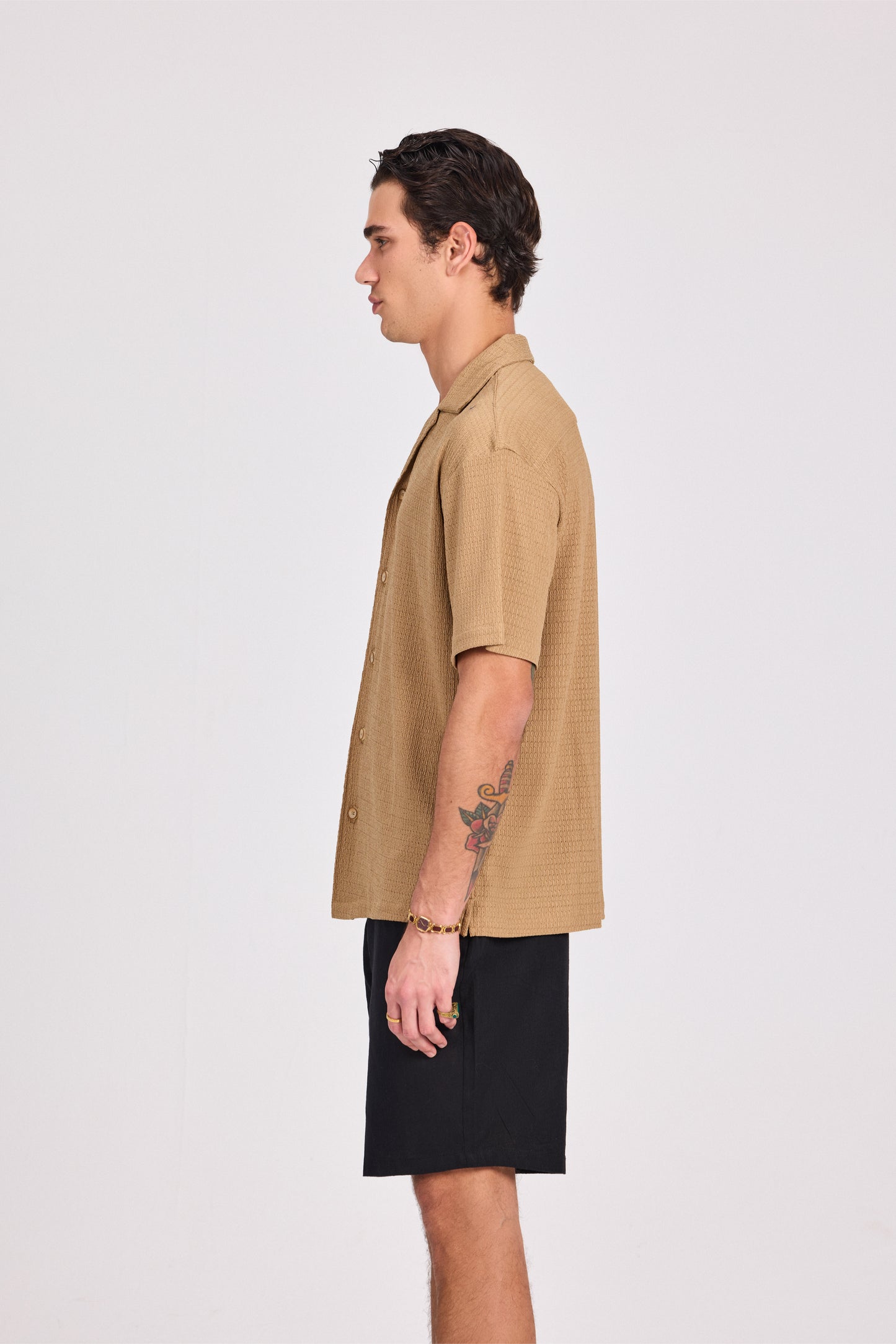 Beige Poly Mesh Knit Shirt