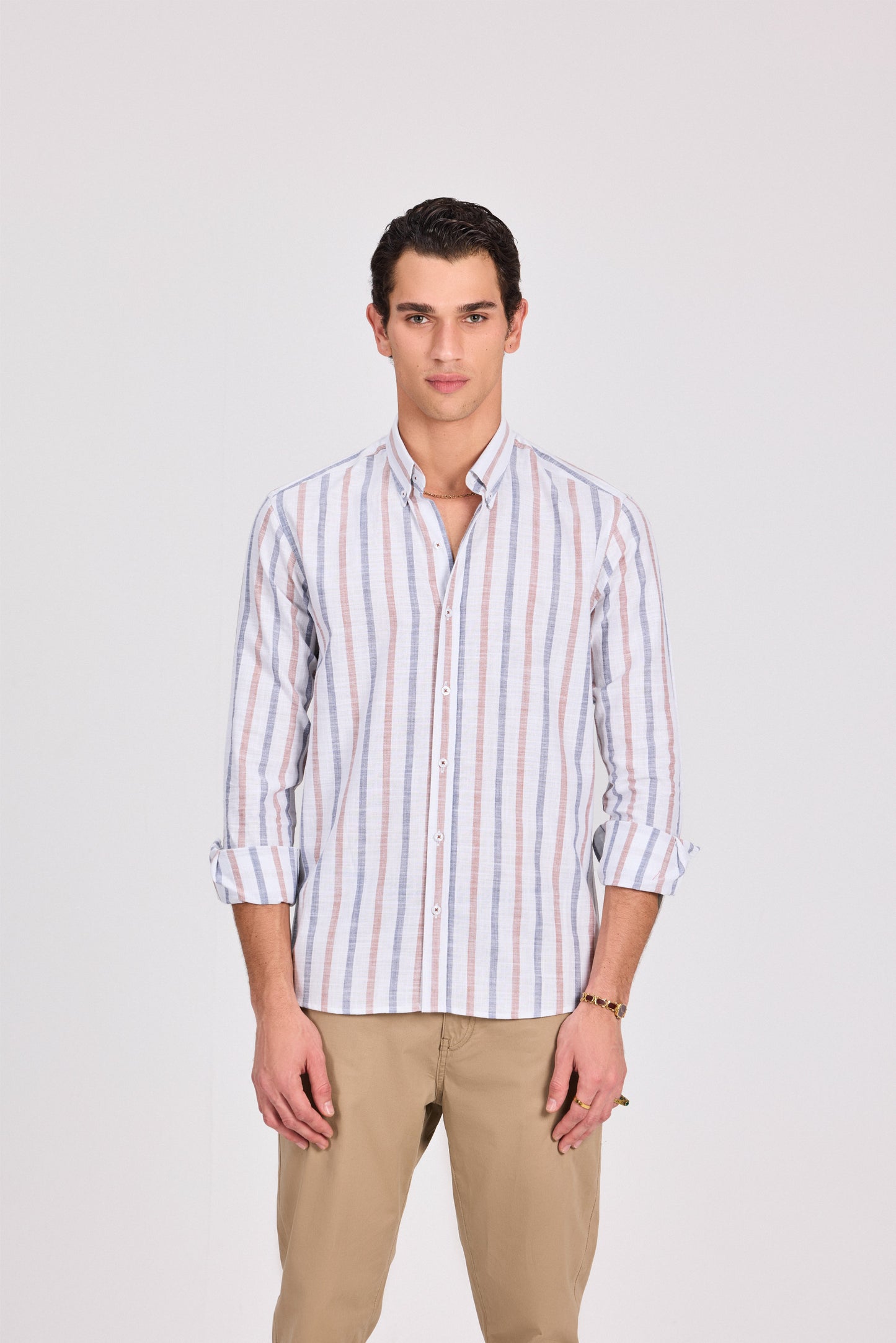Brown Cotton Wide Striped Long Sleeve Shirt