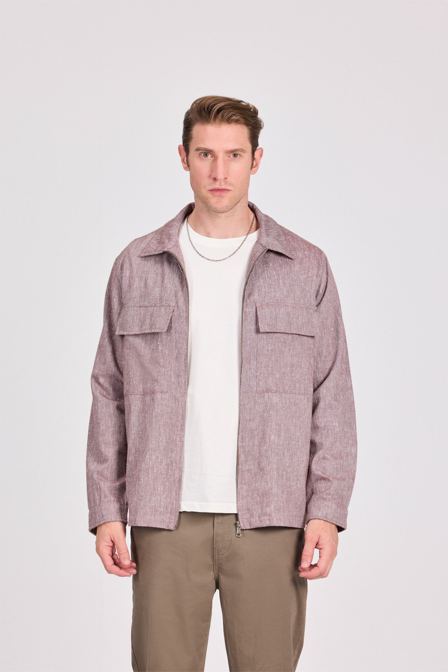 Brown Poly-Cotton Lenin Look Jacket