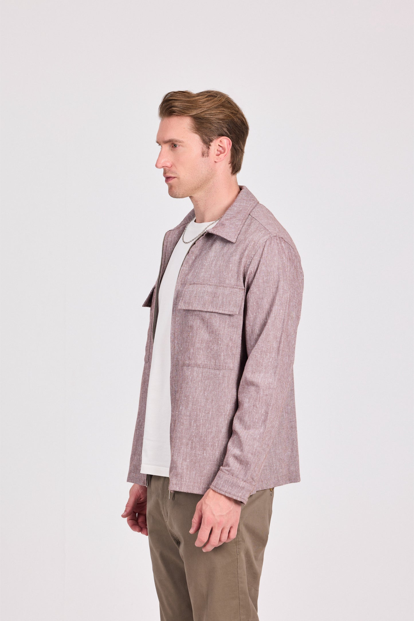 Brown Poly-Cotton Lenin Look Jacket