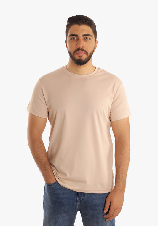 Beige Basic Jacquard Round Neck T-Shirt