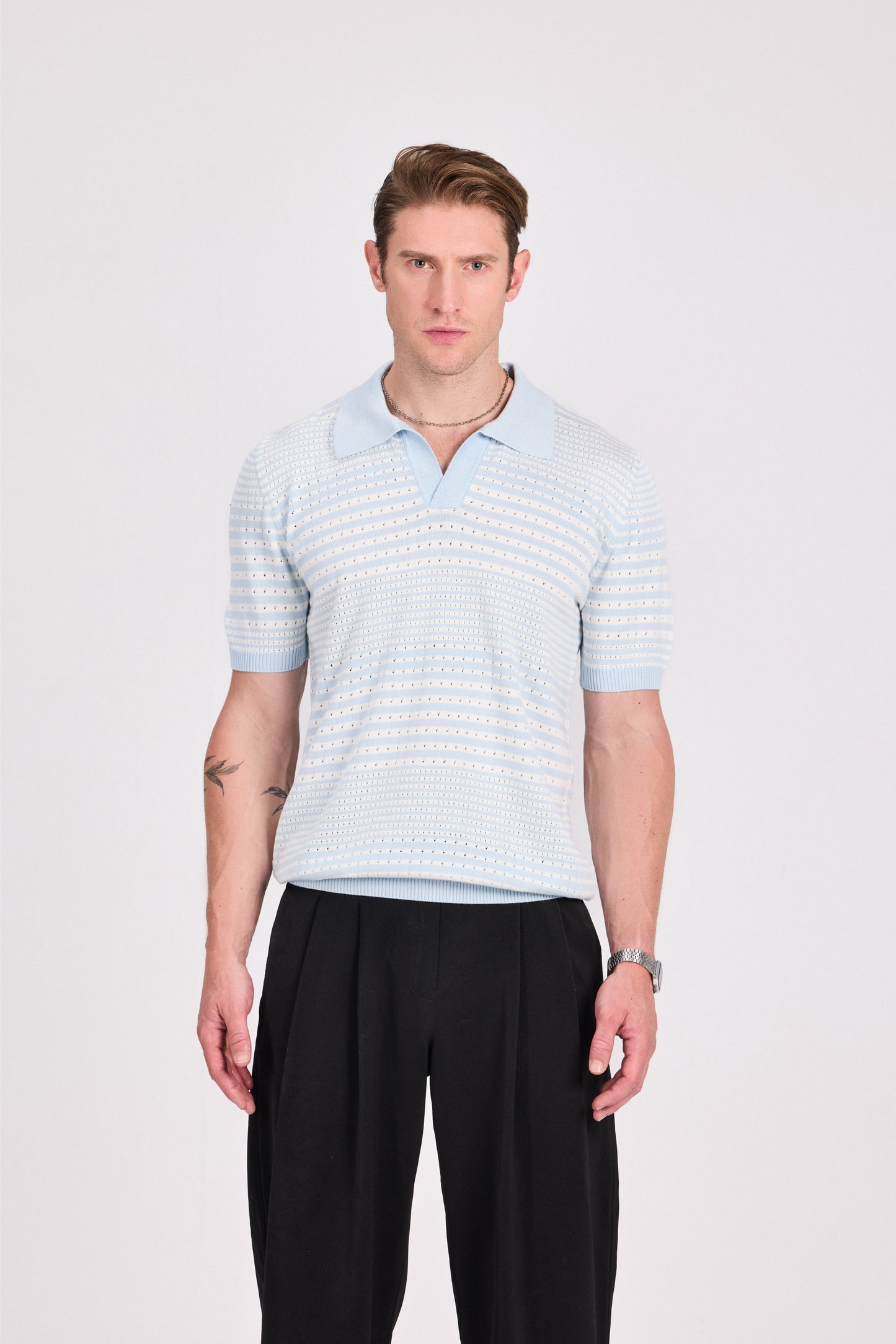 Baby Blue Cotton Modal Knitted Polo Patterned