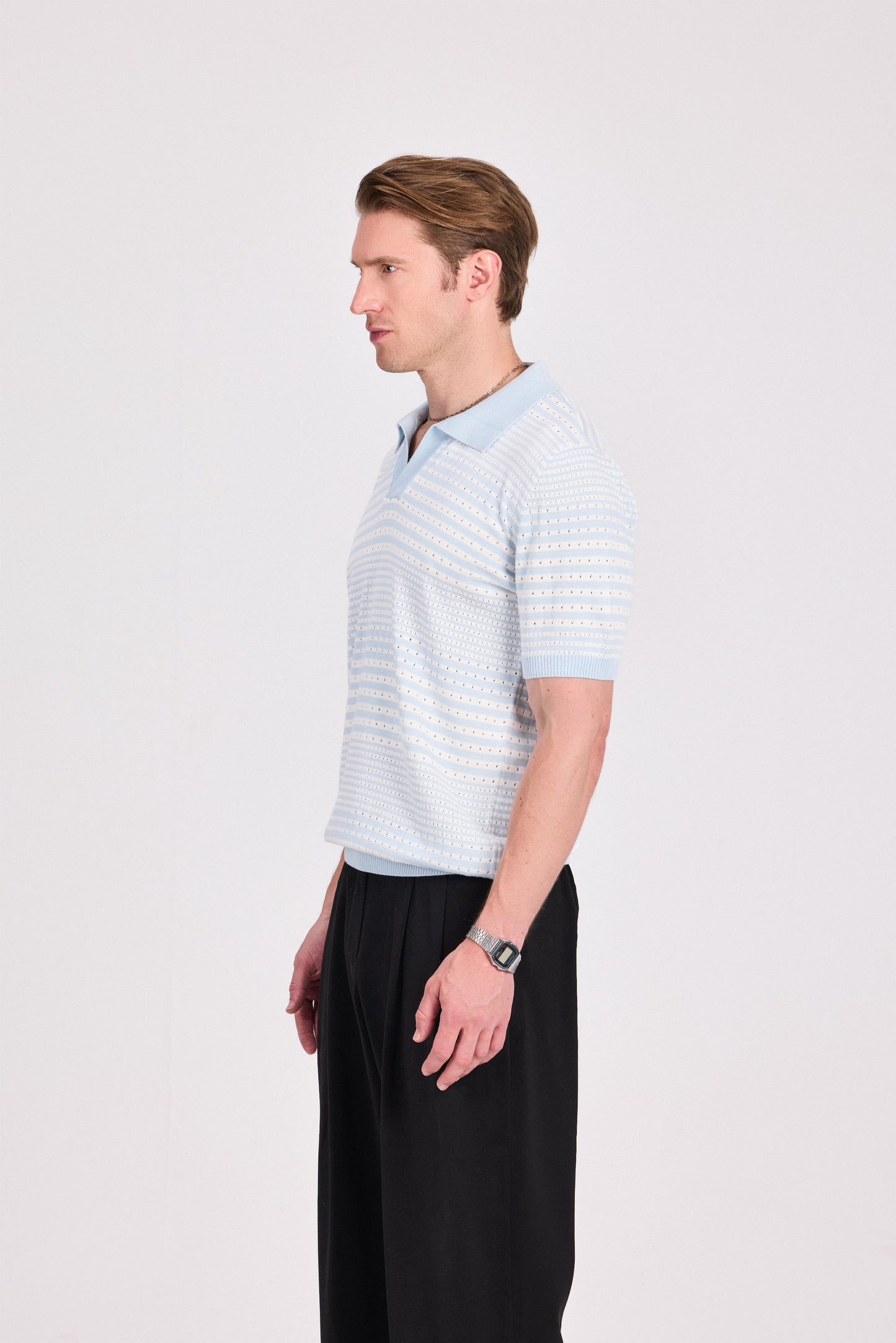 Baby Blue Cotton Modal Knitted Polo Patterned