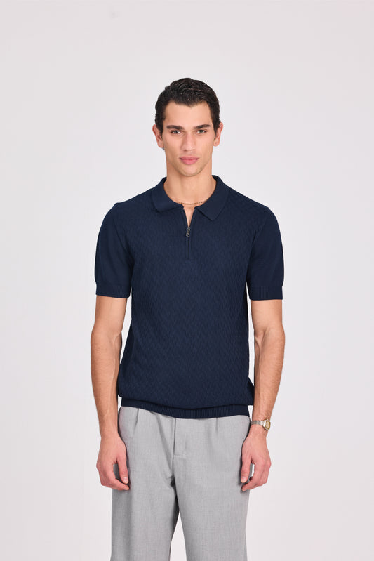 Navy Cotton Basketweave Knitted Polo With Zipper
