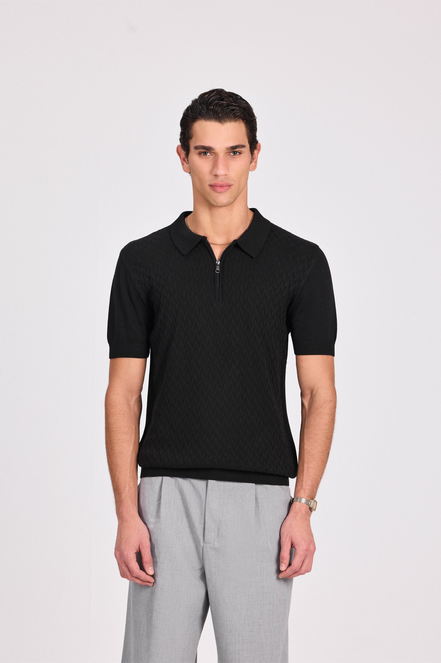 Black Cotton Basketweave knitted Polo With Zipper