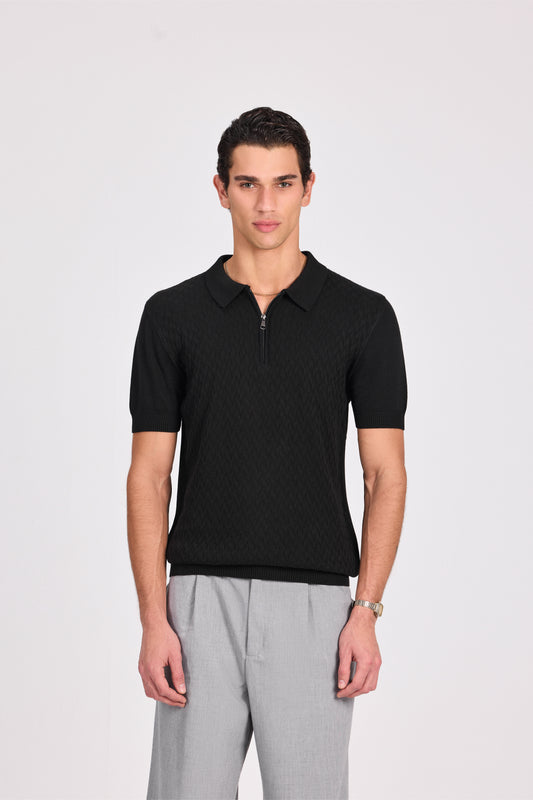 Black Cotton Basketweave knitted Polo With Zipper