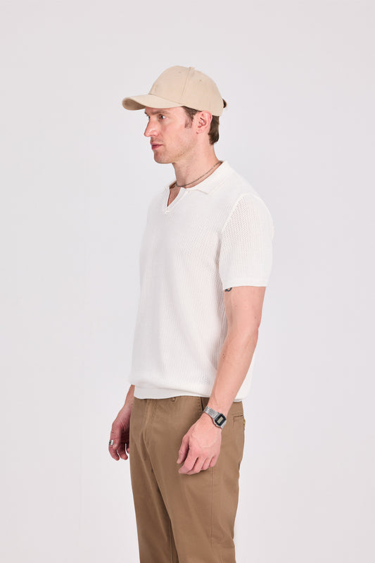 Off White Cotton Blend Knitted Polo