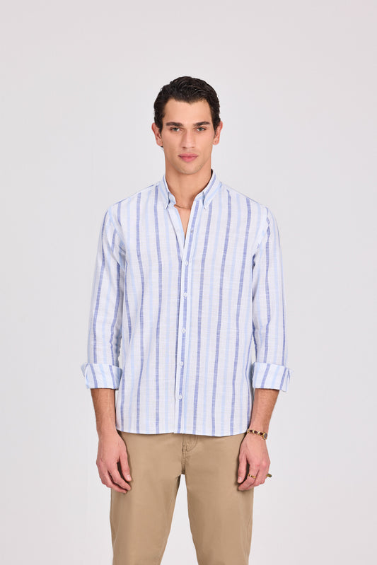 Baby Blue Cotton Wide Striped Long Sleeve Shirt