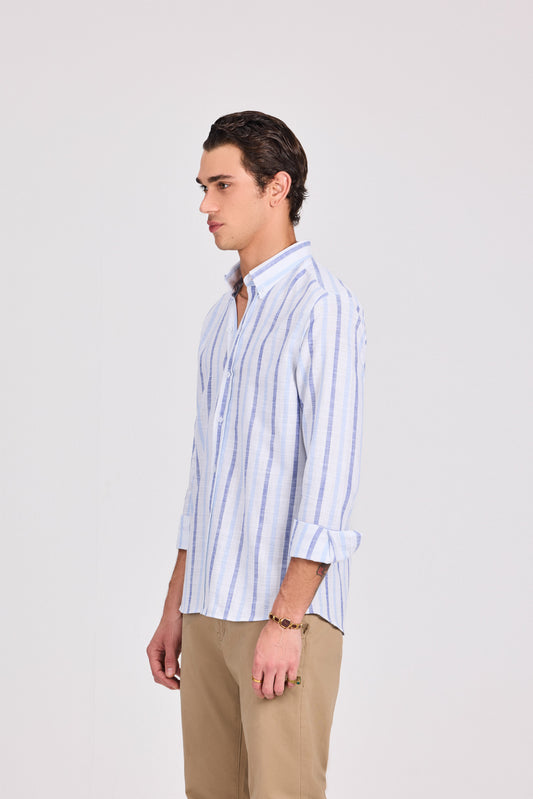 Baby Blue Cotton Wide Striped Long Sleeve Shirt