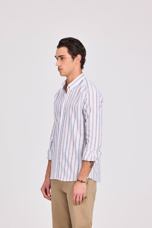 Brown Cotton Wide Striped Long Sleeve Shirt