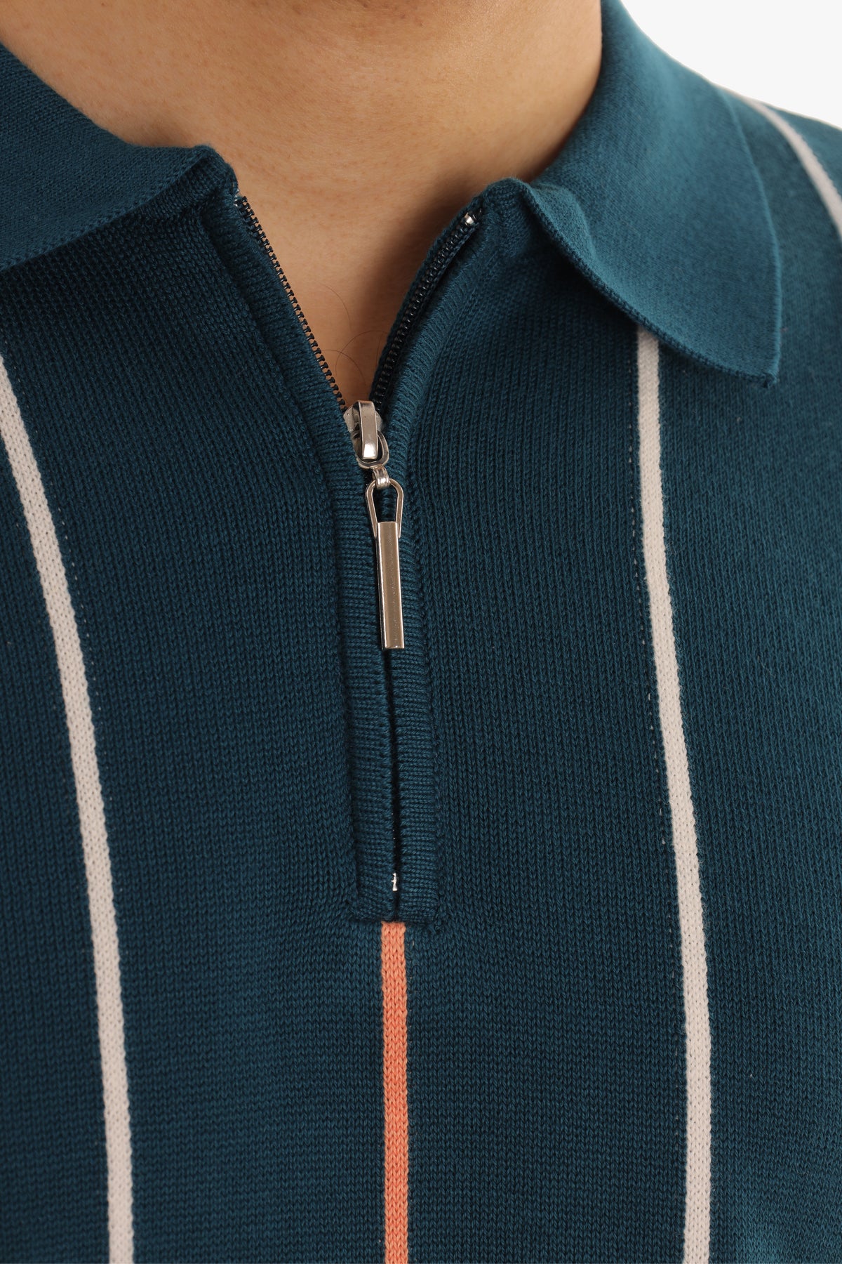 Dark Cyan Zipper Striped Knitted Polo Shirt