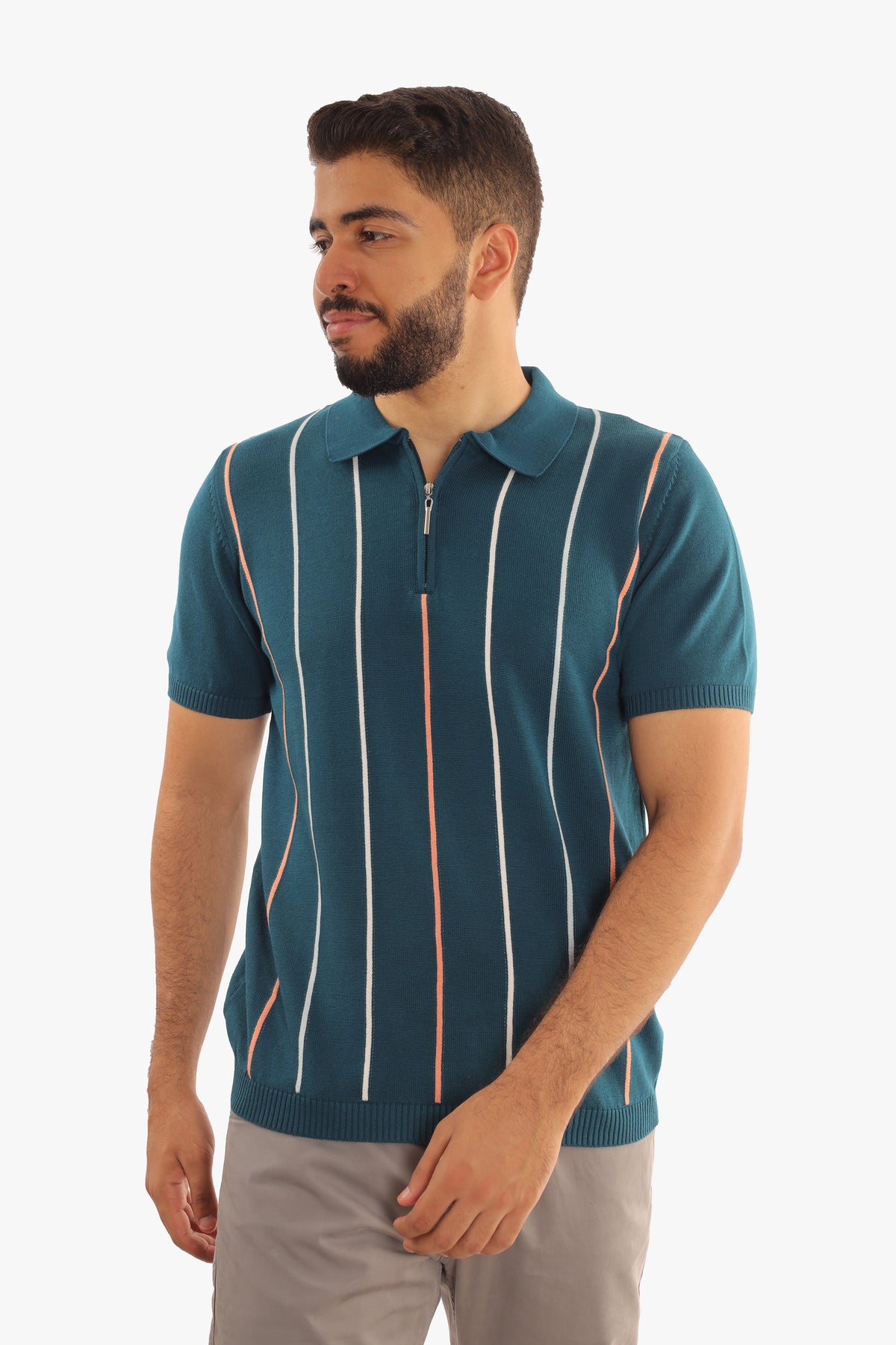 Dark Cyan Zipper Striped Knitted Polo Shirt