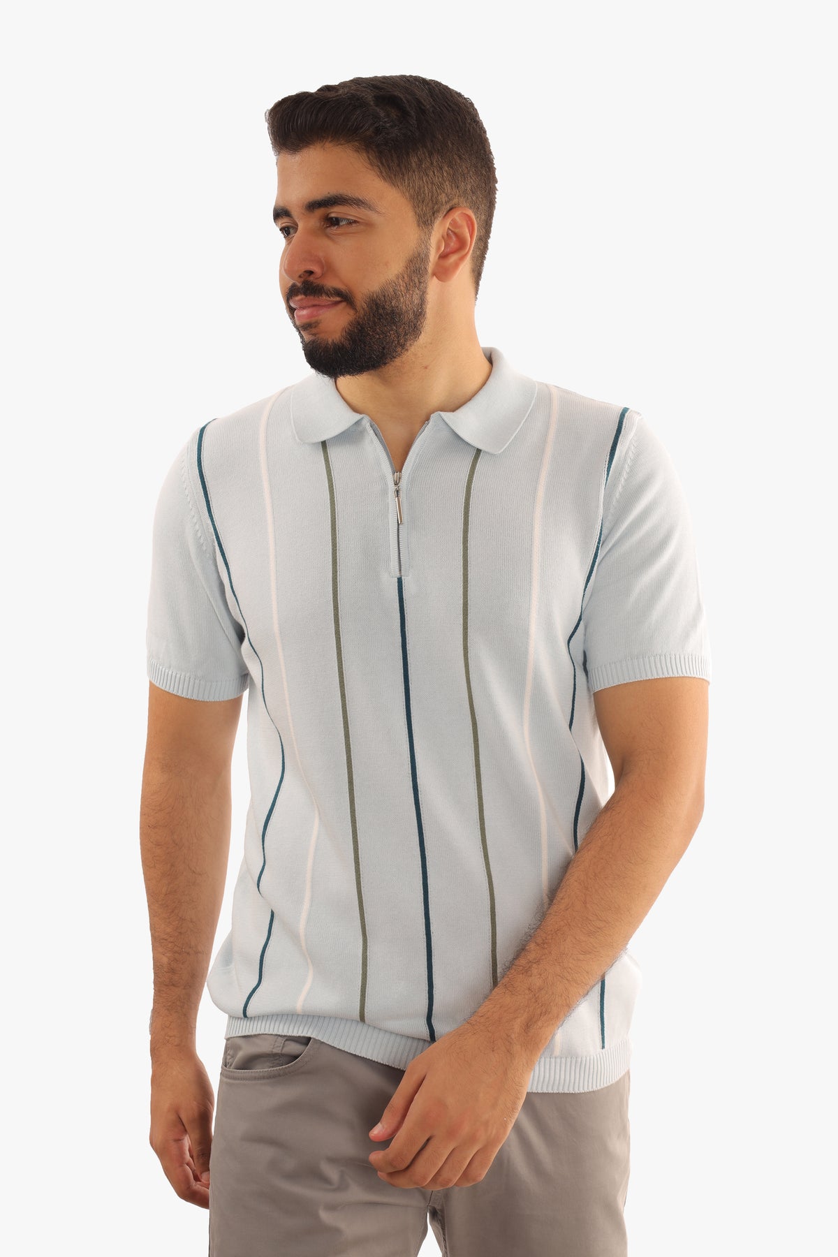 Baby Blue Zipper Striped Knitted Polo Shirt