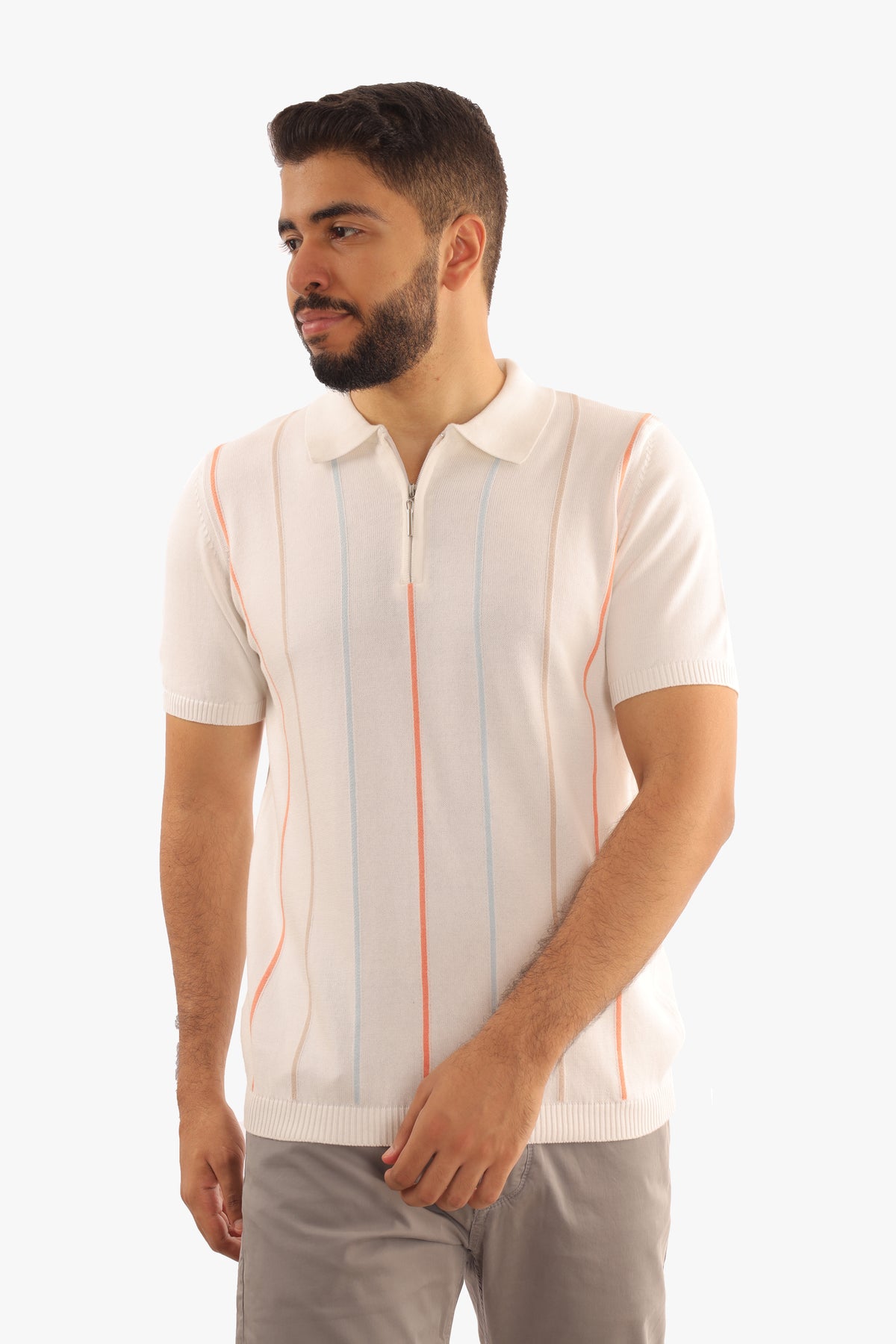 Off-White Zipper Striped Knitted Polo Shirt