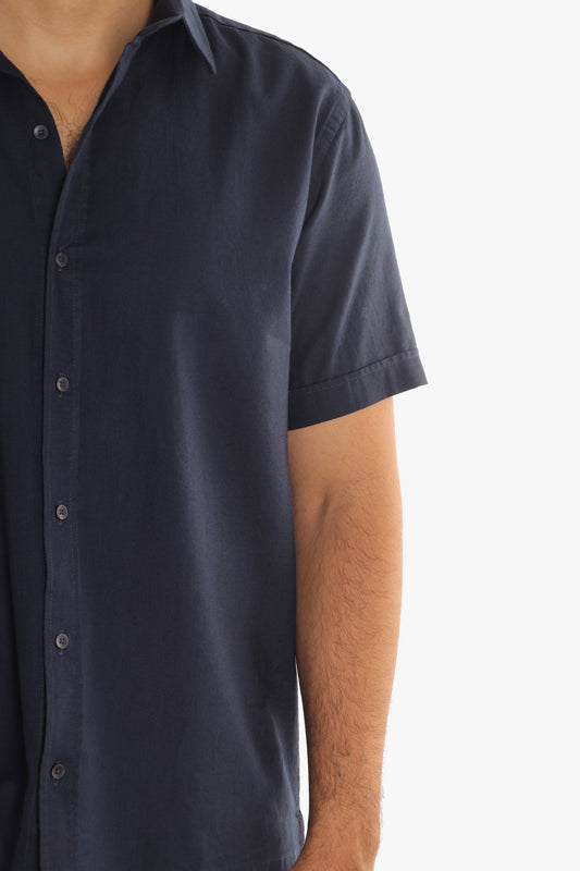Navy Linen Short Sleeves Shirt