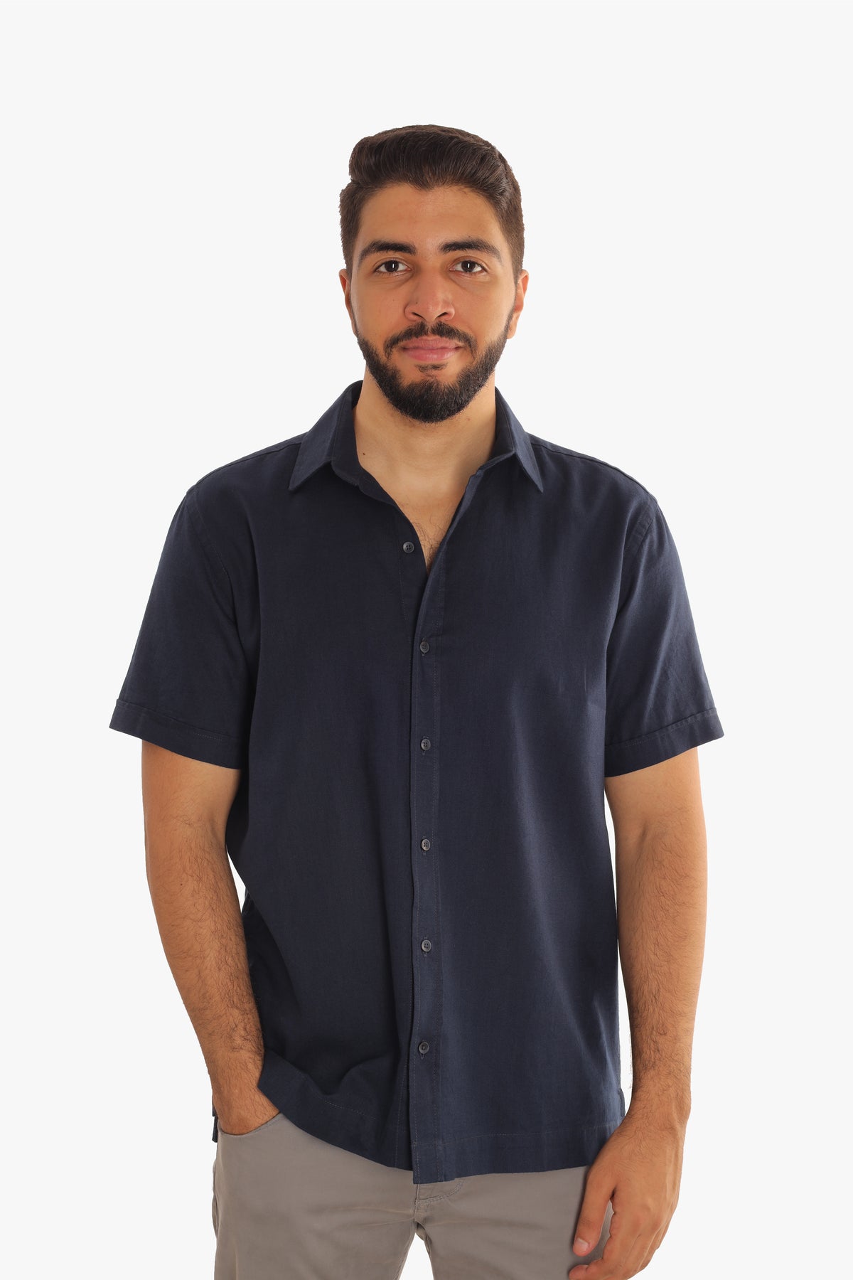 Navy Linen Short Sleeves Shirt