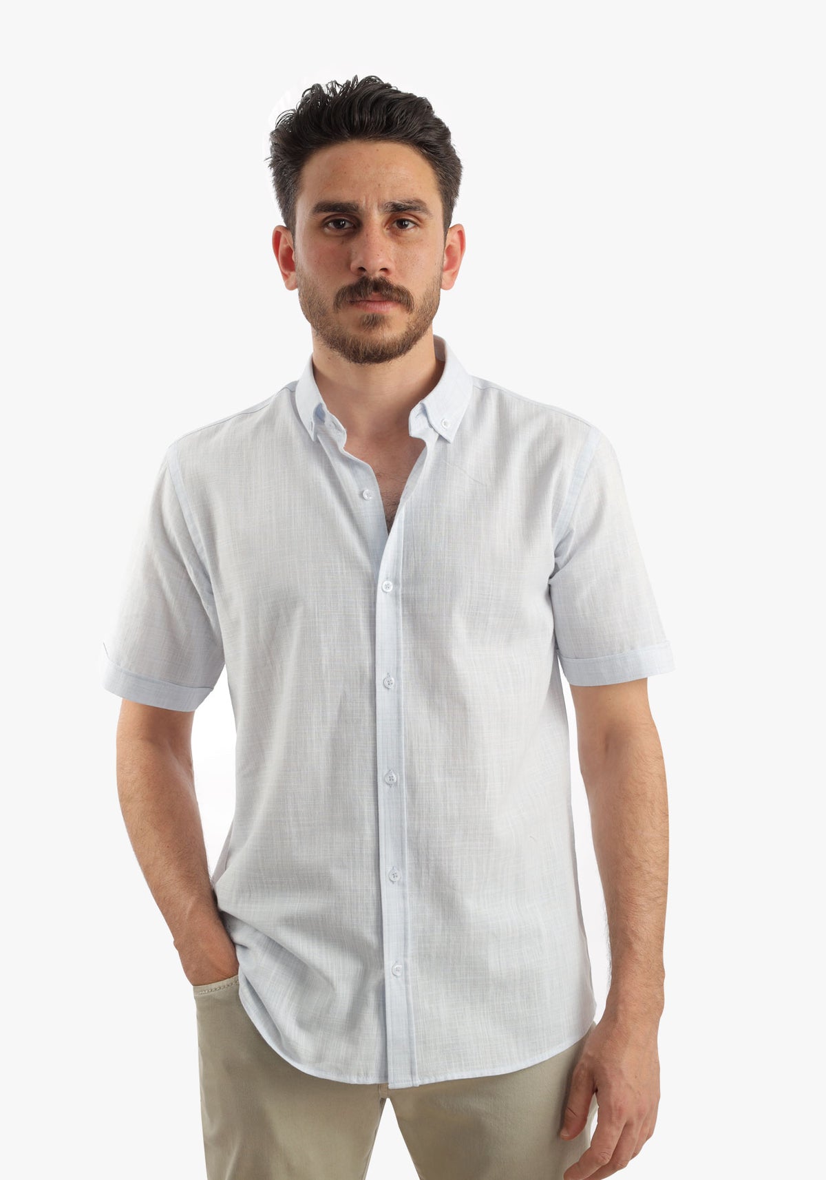 Baby Blue Linen Look Short Sleeves Shirt