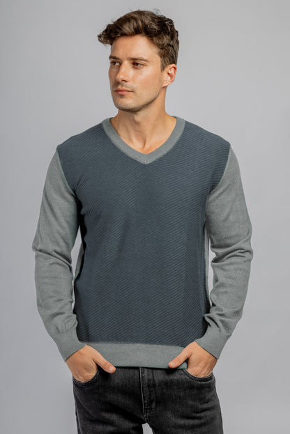 Dark Blue V-Neck cotton jacquard pullover