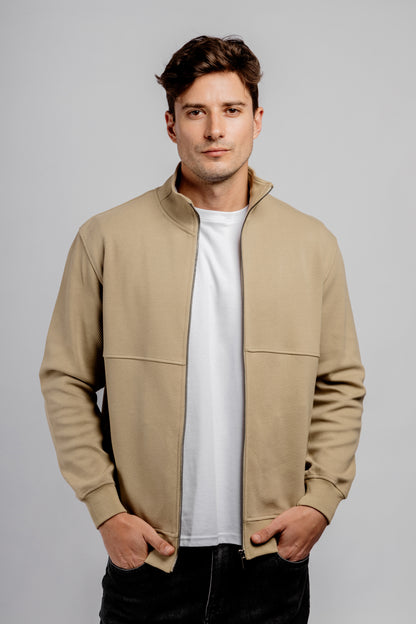 Dark Beige Full Zipper Cotton Mock Polo Neck Jacket