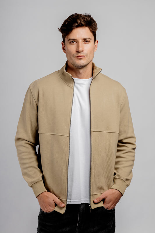 Dark Beige Full Zipper Cotton Mock Polo Neck Jacket