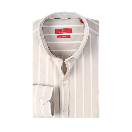 Beige Wide Stripe Oxford Long Sleeve Shirt