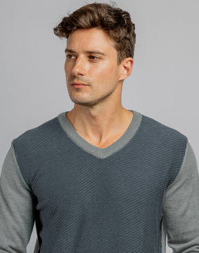 Dark Blue V-Neck cotton jacquard pullover