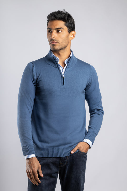 Royal Blue Plain Half Zipper Pullover