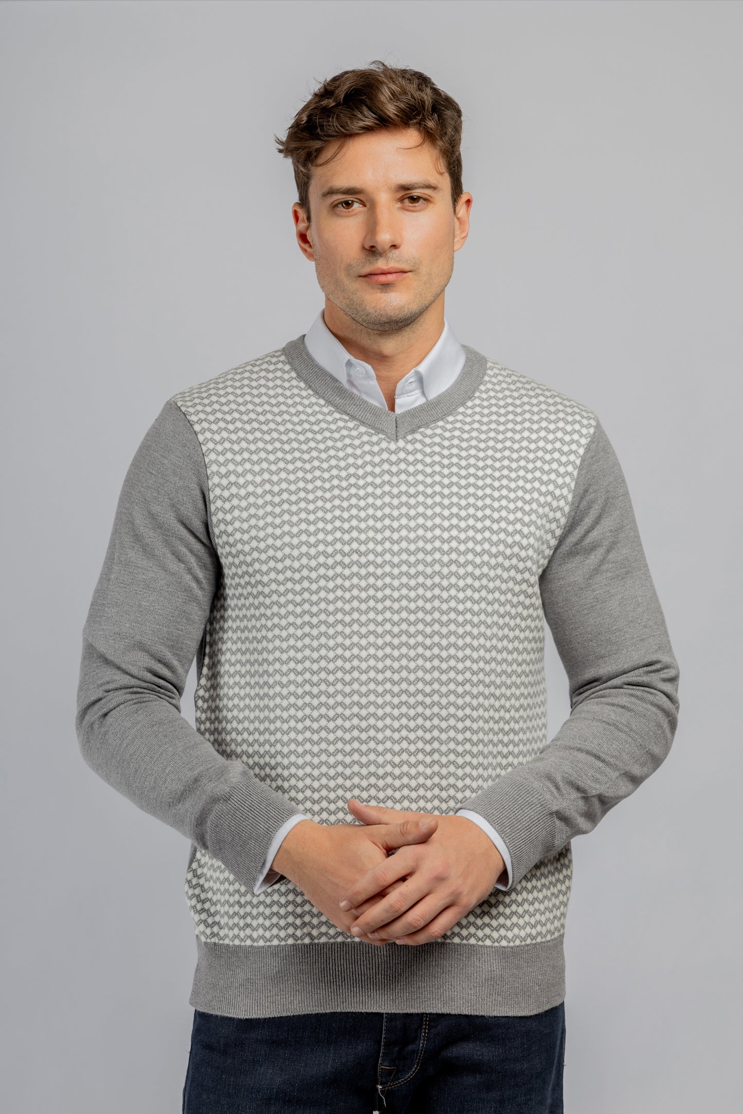 Grey Jacquard V-Neck Pullover