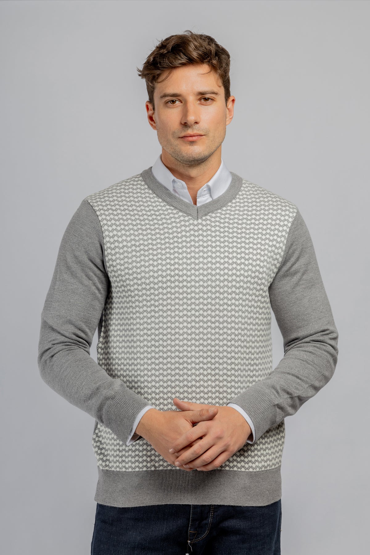 Grey Jacquard V-Neck Pullover