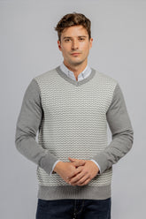 Grey Jacquard V-Neck Pullover