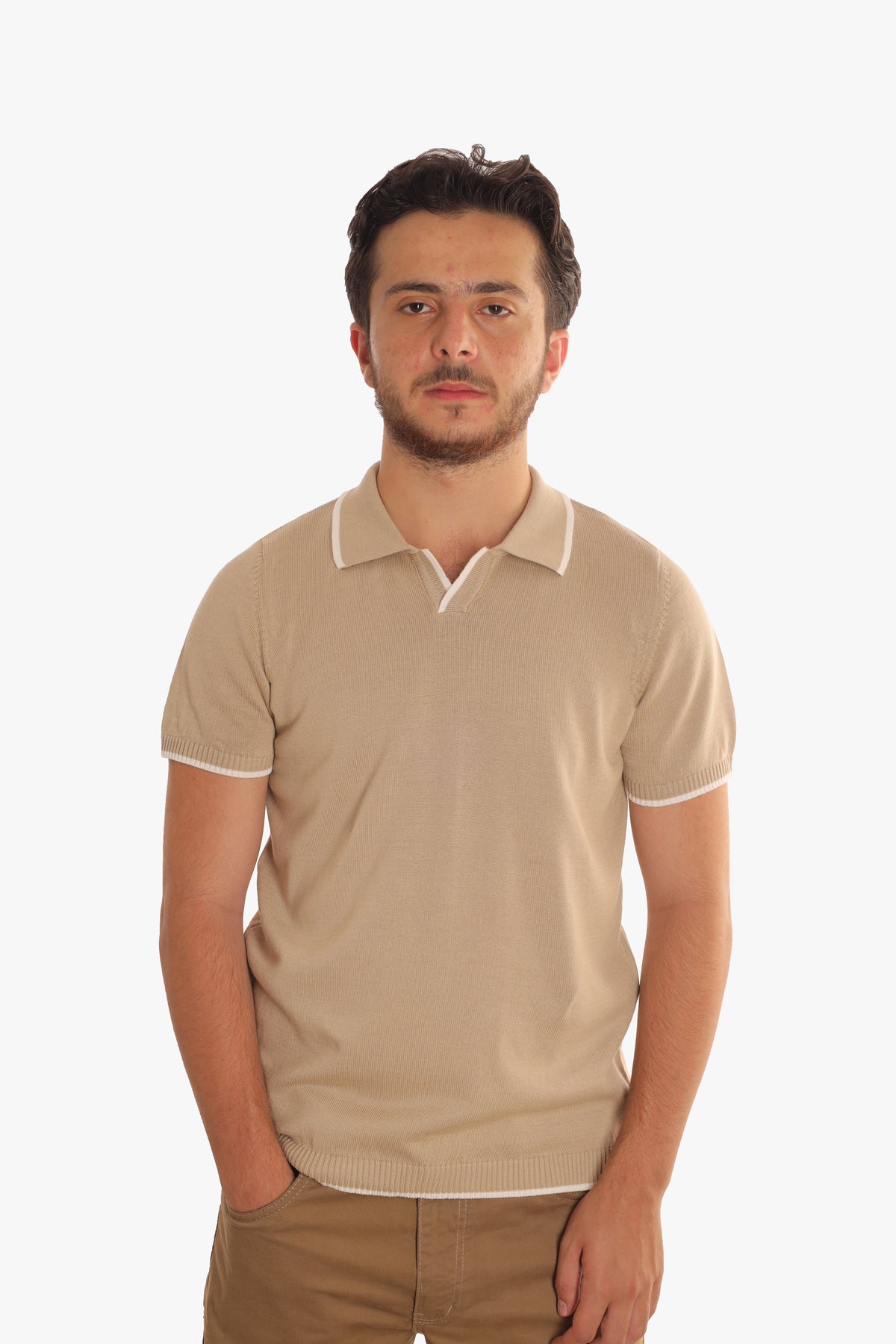 Beige Plain knitted Polo