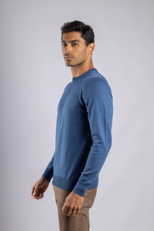 Royal Blue Plain Round Neck Cotton Pullover