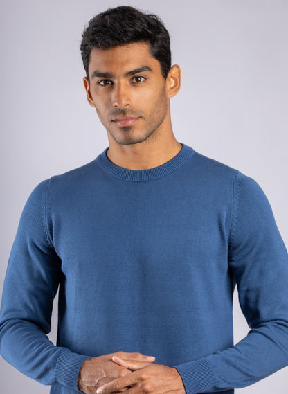 Royal Blue Plain Round Neck Cotton Pullover