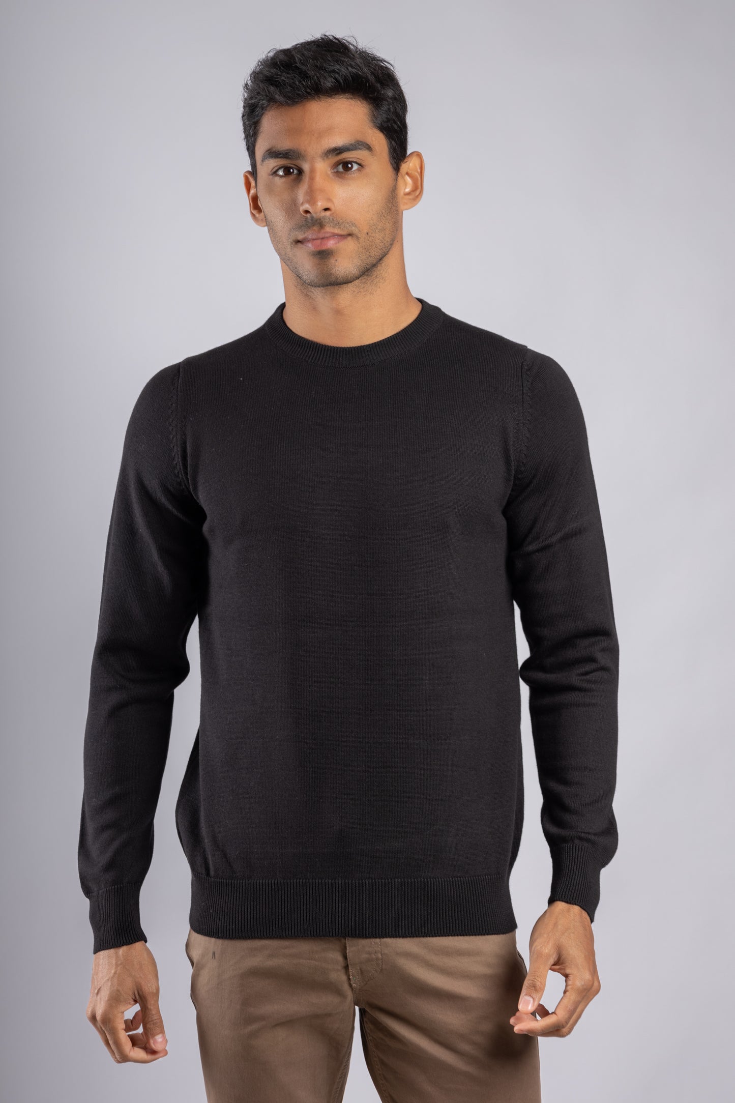 Black Plain Round Neck Cotton Pullover