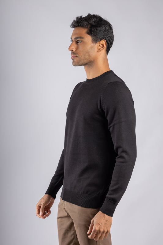 Black Plain Round Neck Cotton Pullover