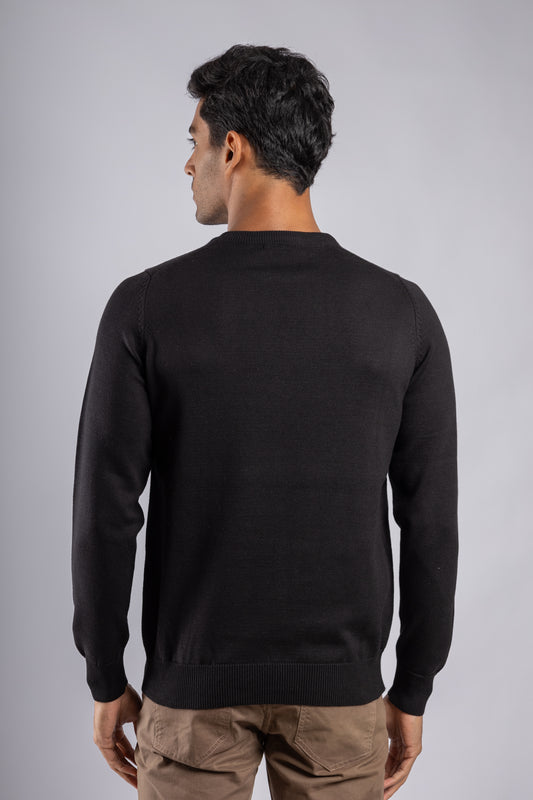 Black Plain Round Neck Cotton Pullover