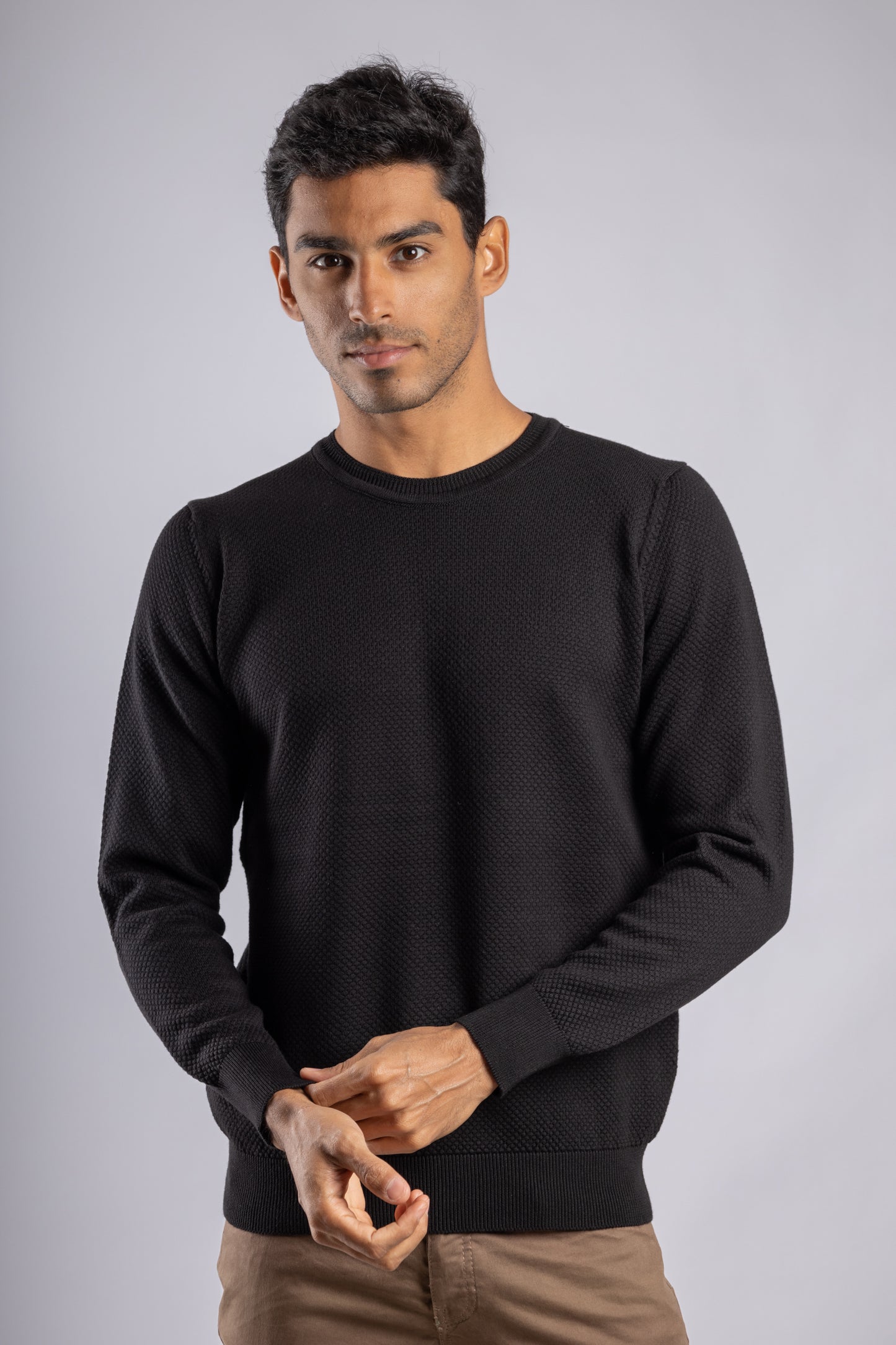 Black Jacquard Crew Neck Cotton Pullover