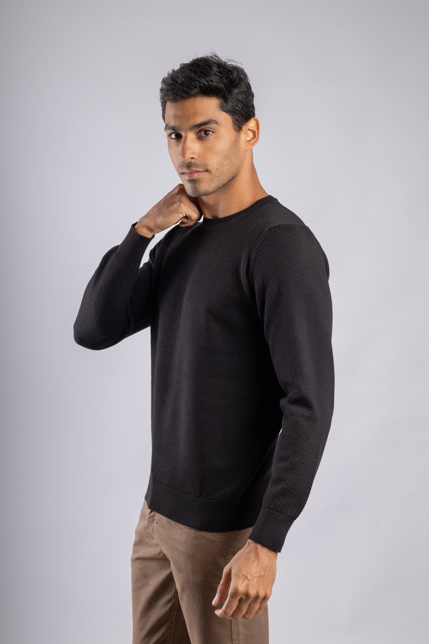 Black Jacquard Crew Neck Cotton Pullover