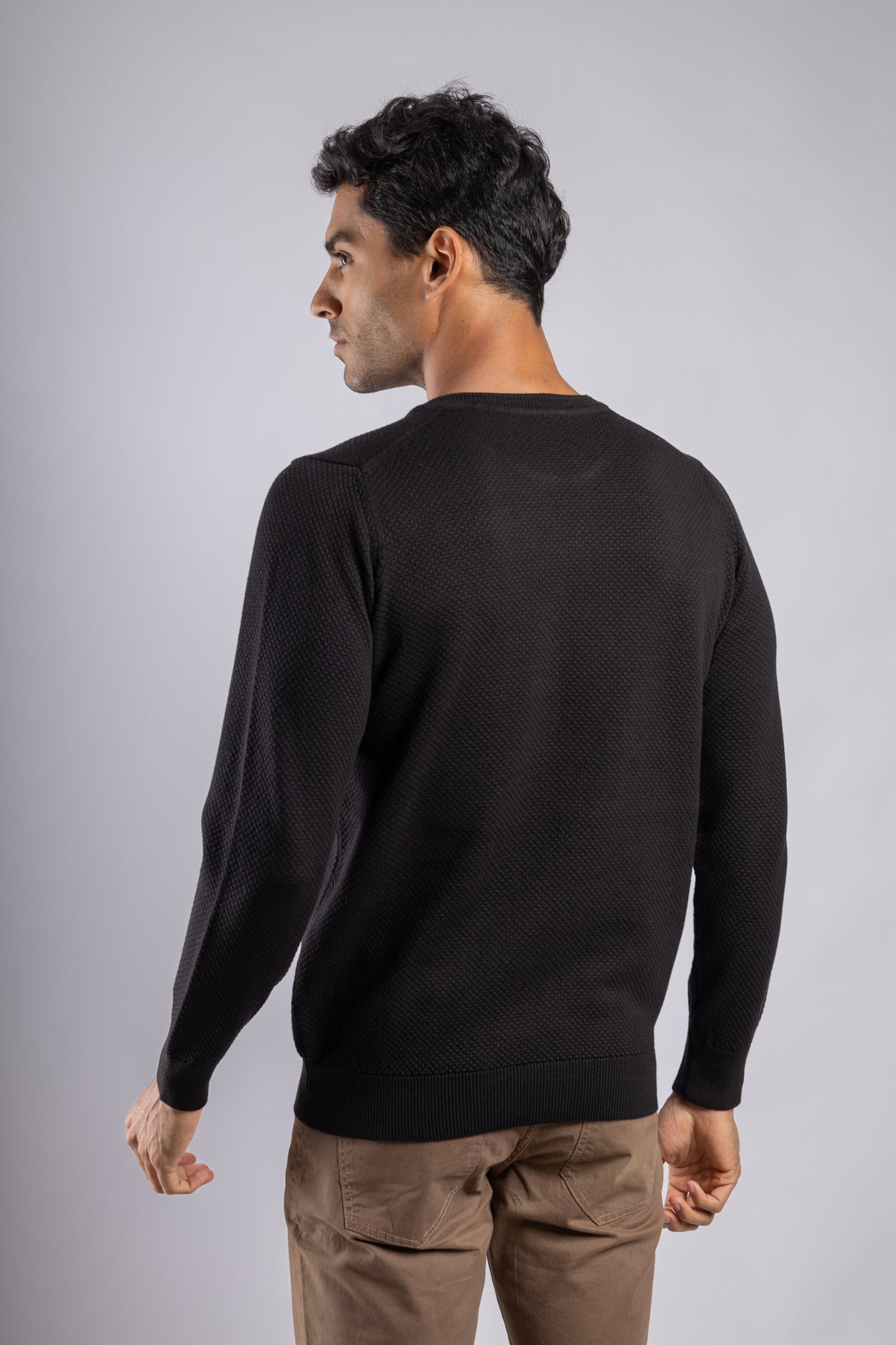 Black Jacquard Crew Neck Cotton Pullover