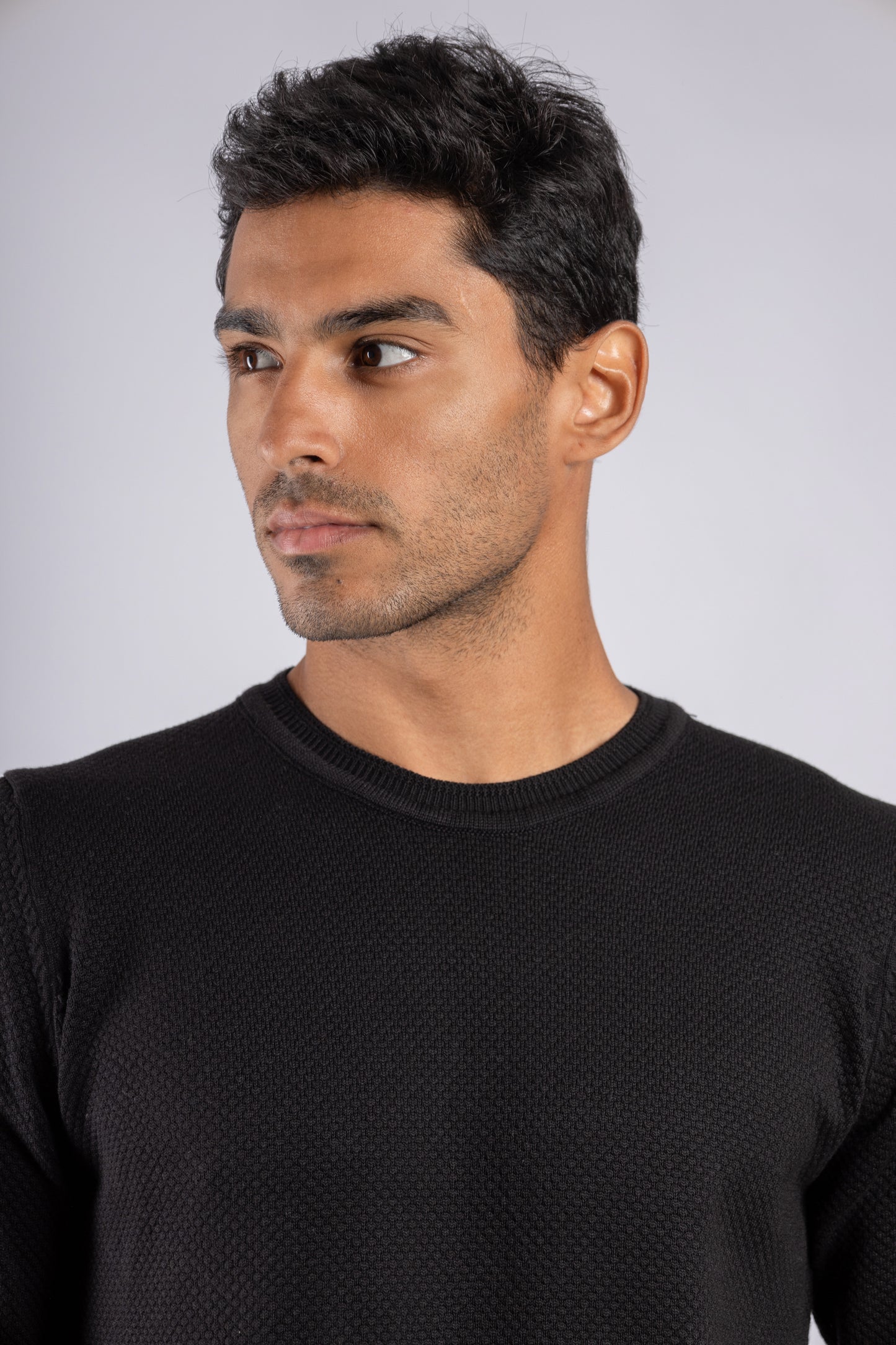 Black Jacquard Crew Neck Cotton Pullover