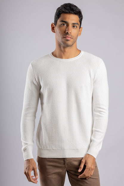 White Round Neck Cotton knitted Pullover