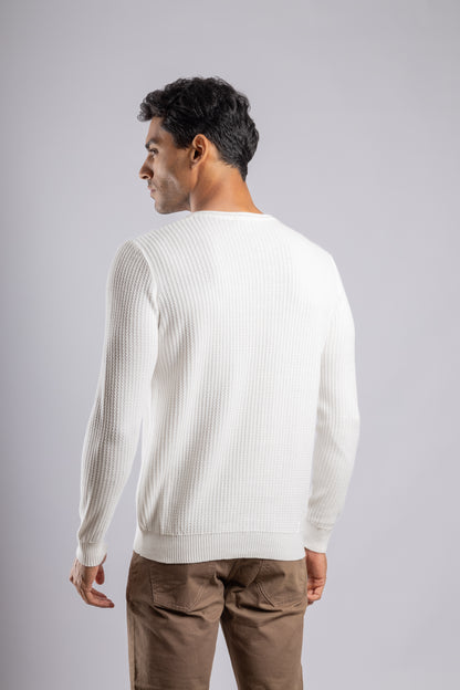 White Round Neck Cotton knitted Pullover