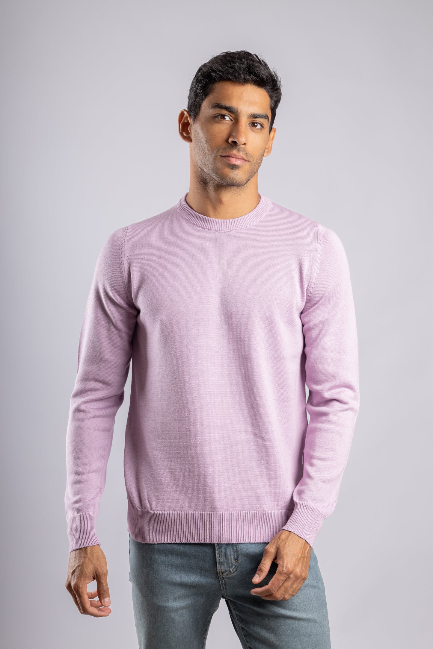 Purple Plain Round Neck Cotton Pullover