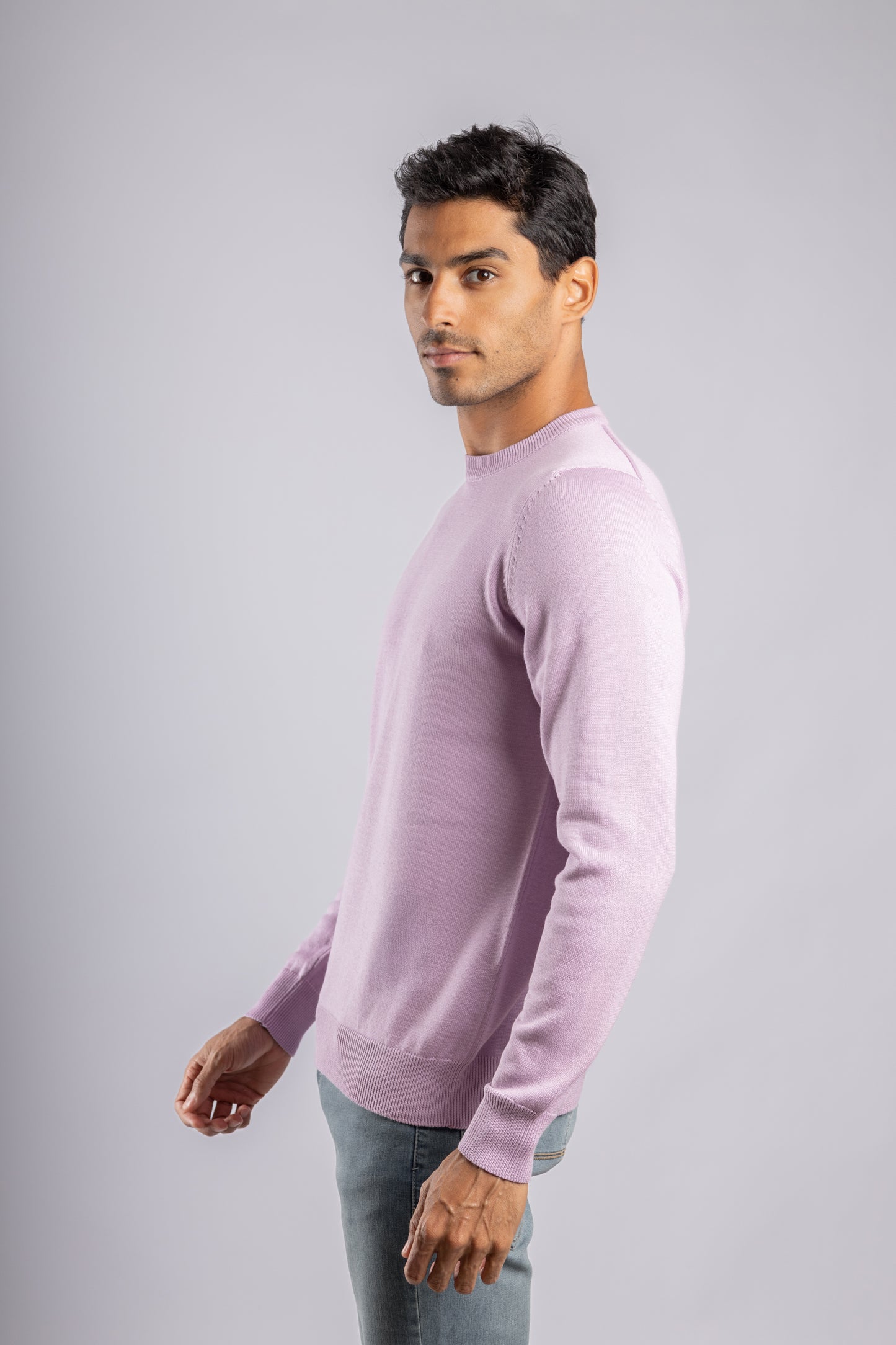 Purple Plain Round Neck Cotton Pullover