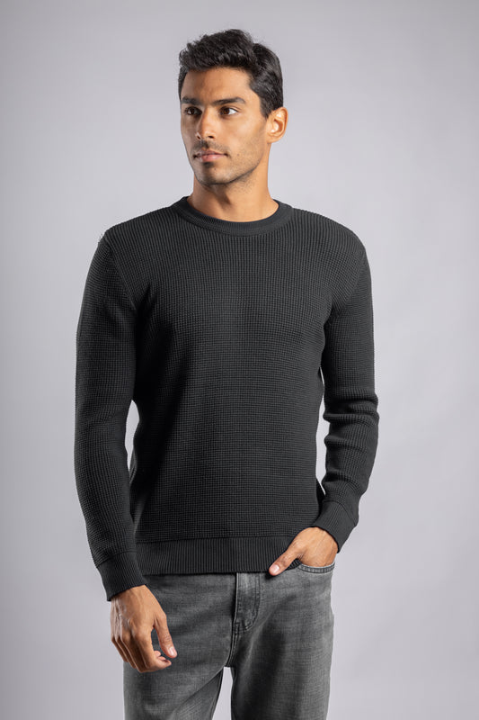 Black Round Neck Basket knitted Pullover