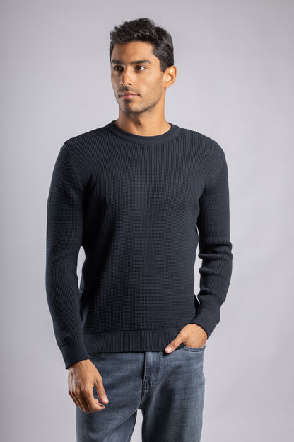 Navy Round Neck Basket knitted Pullover