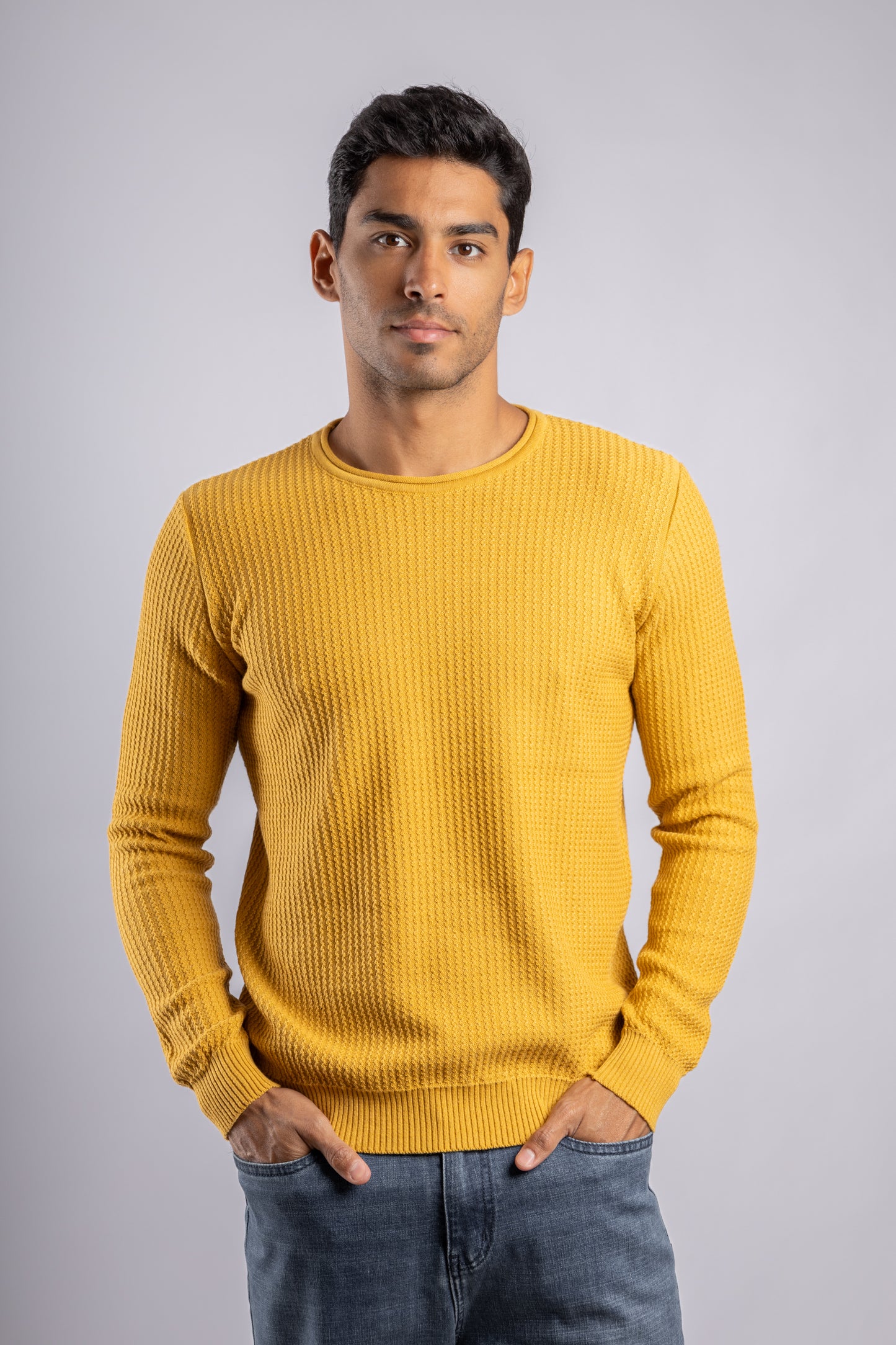 Mustard Round Neck Cotton knitted Pullover