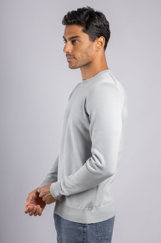 Silver Plain Round Neck Cotton Pullover