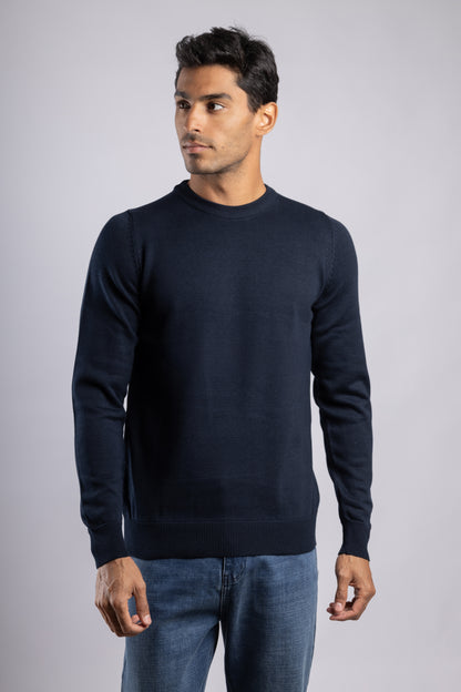 Navy Plain Round Neck Cotton Pullover